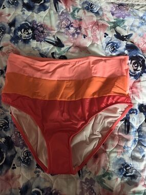 VENUS High-Waist Colorblock Bikini Bottoms in Pink, Orange & Coral